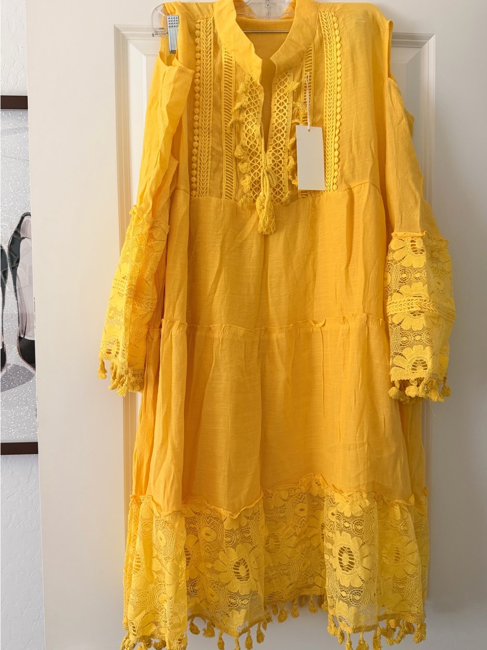 & Other Stories Yellow Lace-Trim Cold-Shoulder Maxi Dress